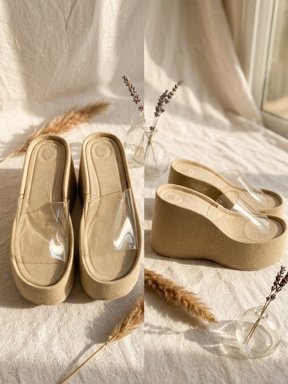 Zara Beige Platform Wedge Slides with Clear Strap SZ 6, Casual, elegant, party